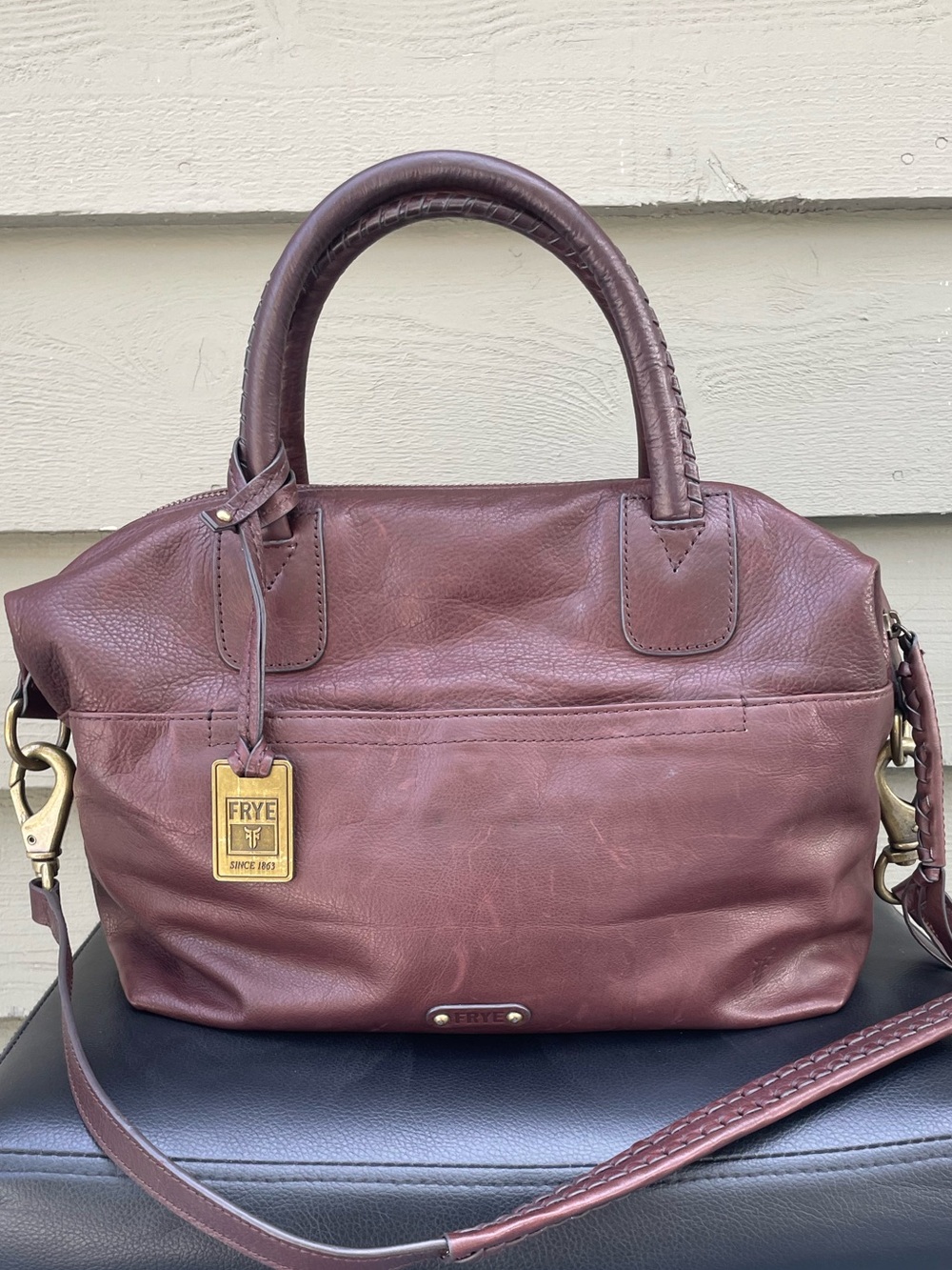 Frye Burgundy/ Brown Leather Satchel / crossbody bag with Braided Shoulder Strap
